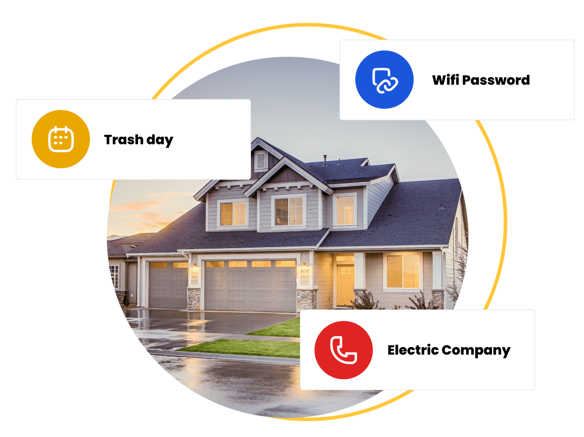 Tenant portal UI showing property detail tags for trash day, wifi password, and electric company over a house photo
