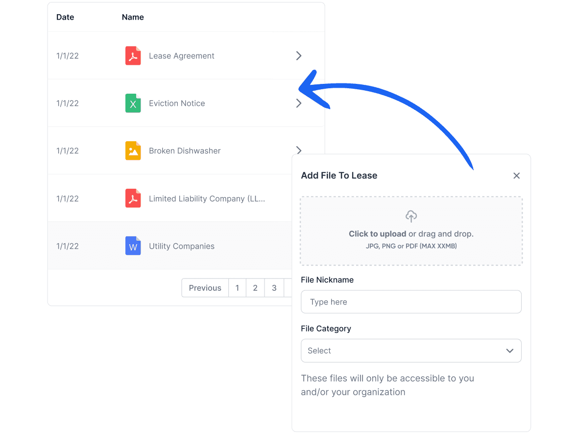 Document list with lease agreements and an Add File To Lease upload modal