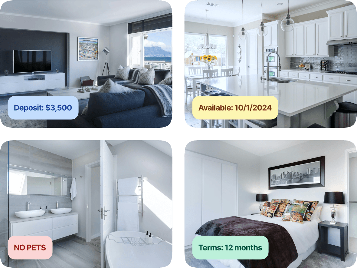 Rental listing with four property photos showing deposit, availability date, pet policy, and lease terms