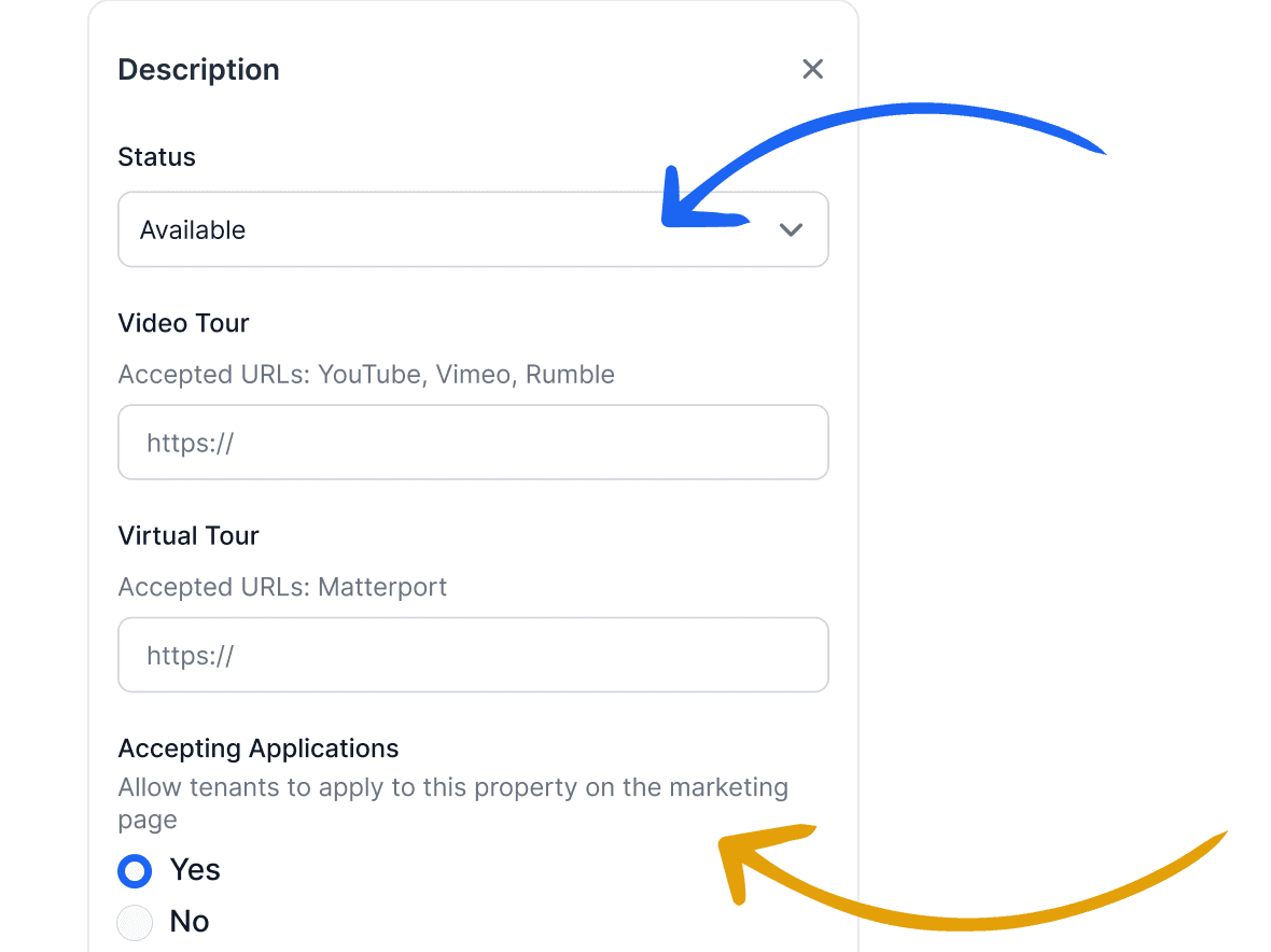 Property description panel showing status dropdown set to Available, with video tour, virtual tour URL fields, and accepting applications toggle