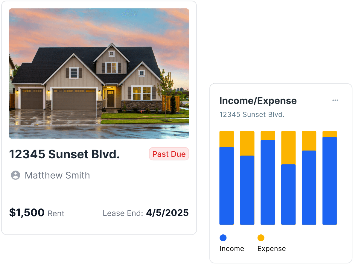 Rental property card showing rent amount, lease end date, and past due status alongside an income and expense bar chart