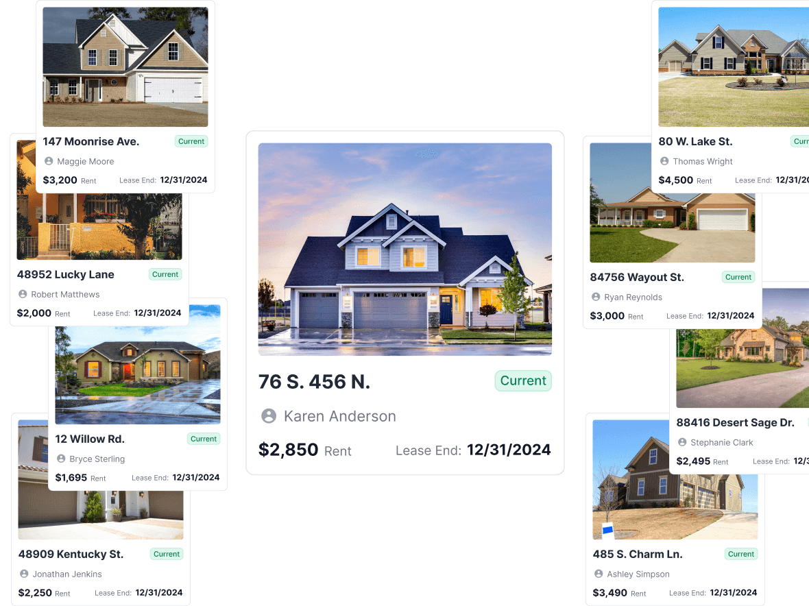 Property management dashboard showing a list of rental properties with addresses, photos, and lease details