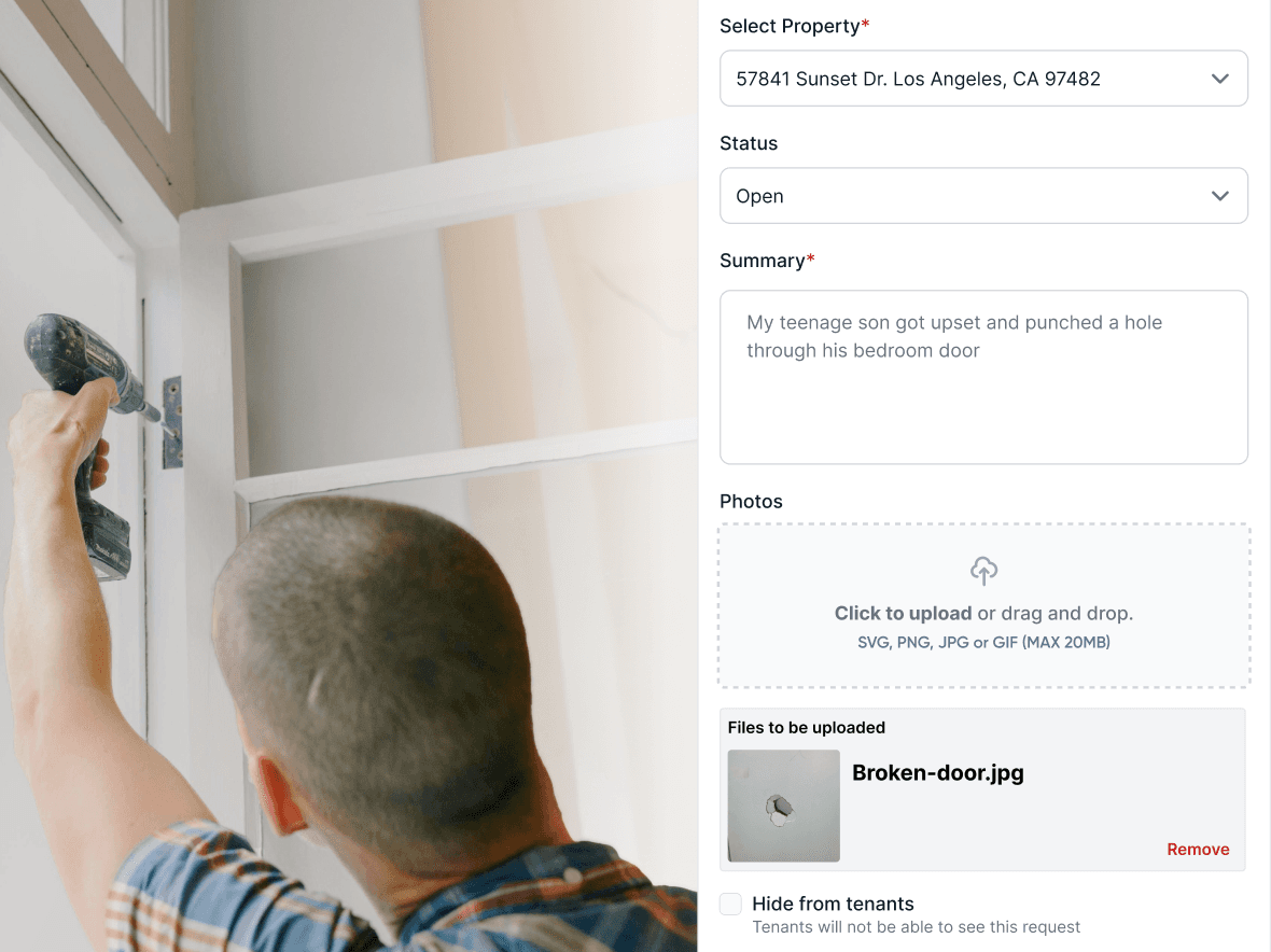 Maintenance request form with property selector, status, summary field, and photo upload, alongside a landlord inspecting a door