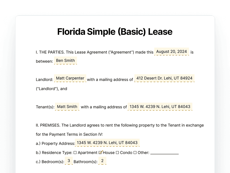 Florida Simple Basic Lease Agreement