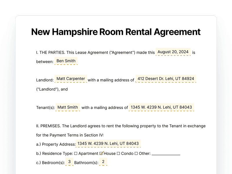 New Hampshire Room Rental Agreement