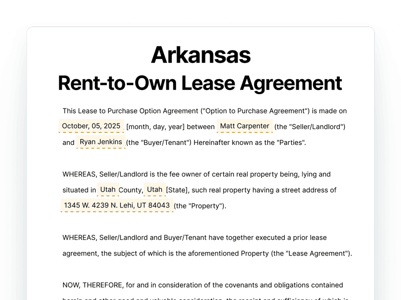 Arkansas Rent-to-Own Lease Agreement