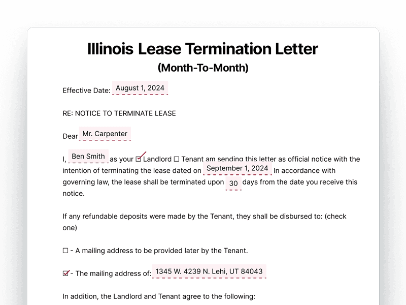 Illinois Lease Termination Letter For Month-To-Month Lease