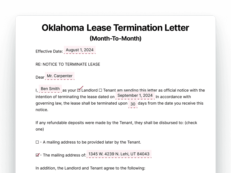Oklahoma Lease Termination Letter For Month-To-Month Lease
