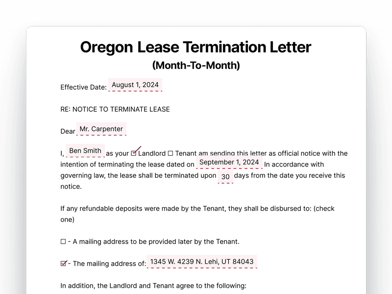 Oregon Lease Termination Letter For Month-To-Month Lease