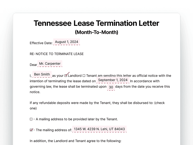 Tennessee Lease Termination Letter For Month-To-Month Lease
