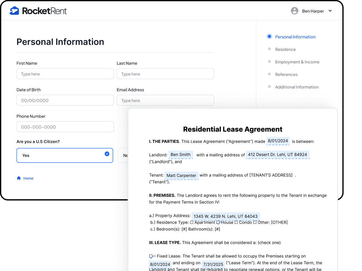 RocketRent app showing a personal information form alongside a residential lease agreement with tenant and property details
