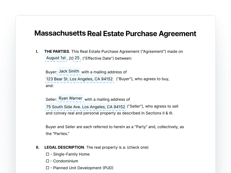 Massachusetts Real Estate Purchase Agreement