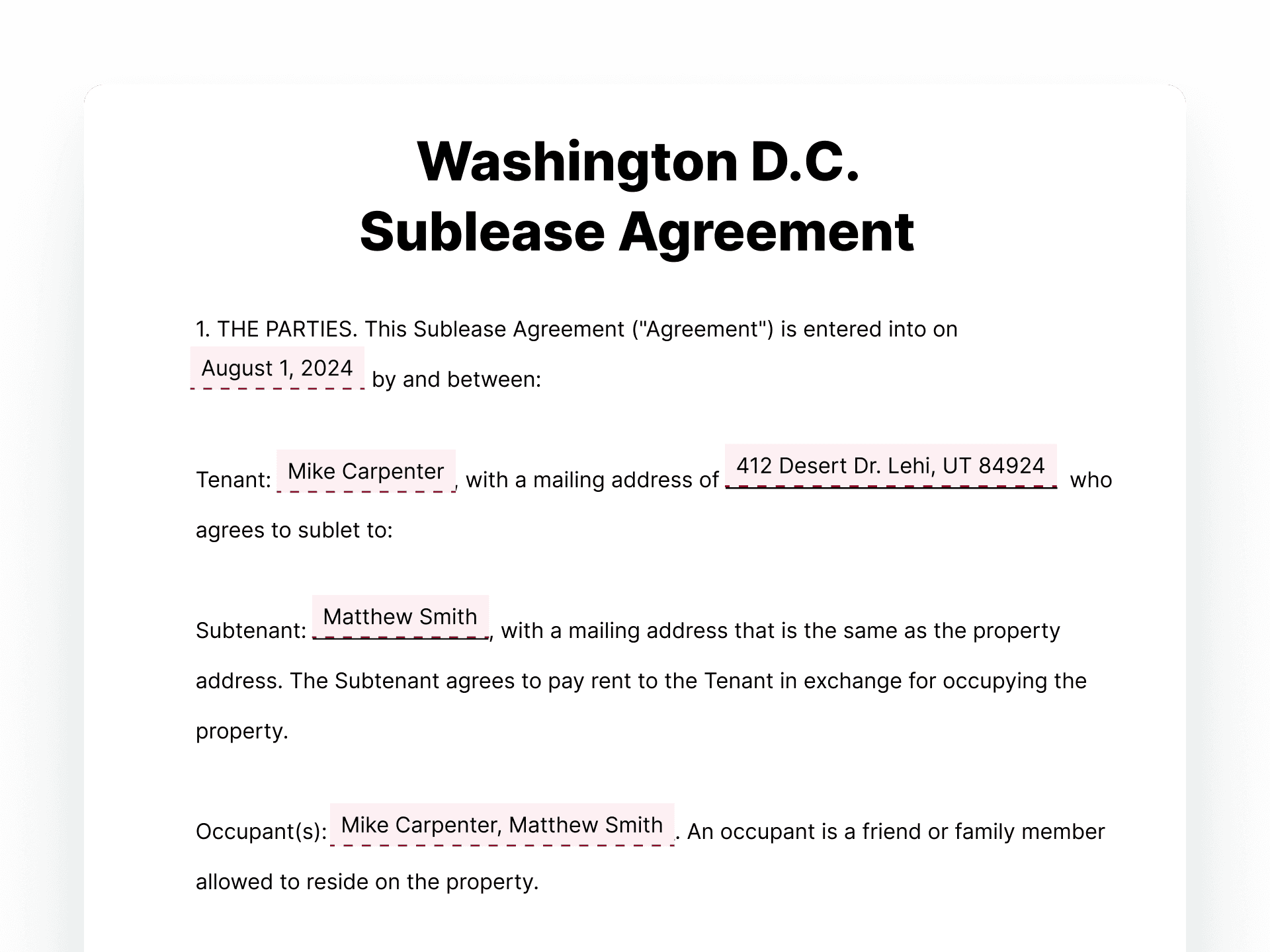 Washington D.C. Sublease Agreement