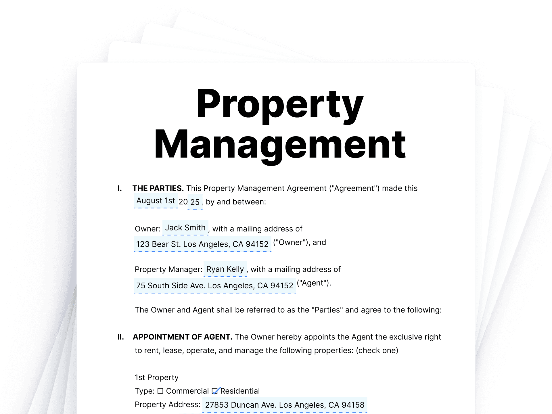 Property management agreement document template with owner and agent details
