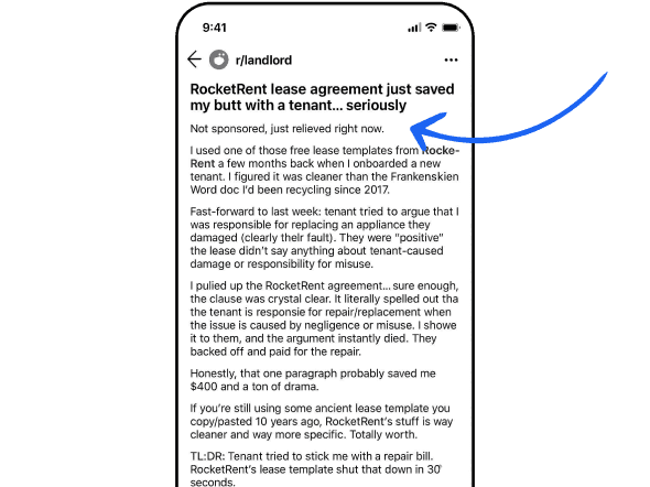Reddit post praising RocketRent's lease agreement template for protecting a landlord against a tenant's false repair claim