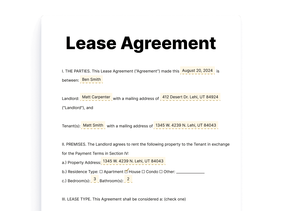 Sample lease agreement form with tenant and landlord details filled in