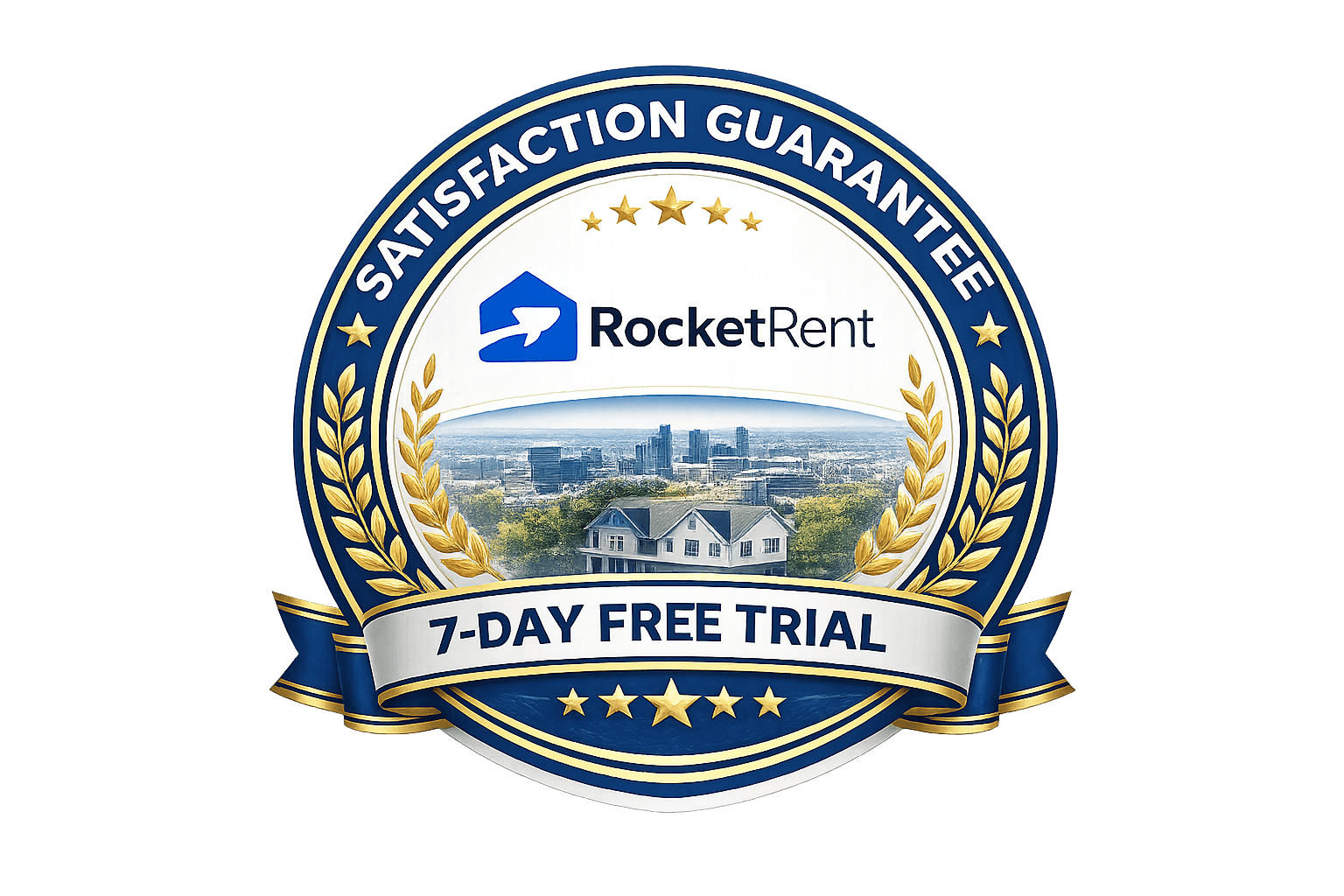 RocketRent satisfaction guarantee badge with 7-day free trial offer