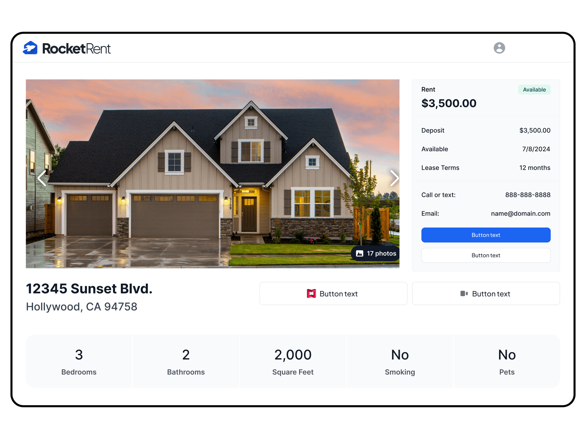 RocketRent dashboard showing a rental property listing with rent price, tenant details, and property address