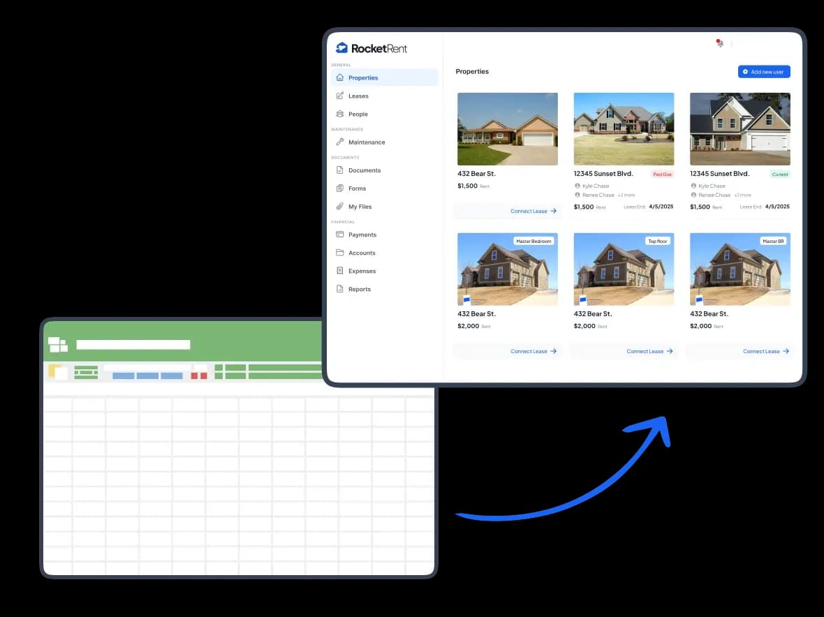 RocketRent property management dashboard showing rental properties replacing a spreadsheet