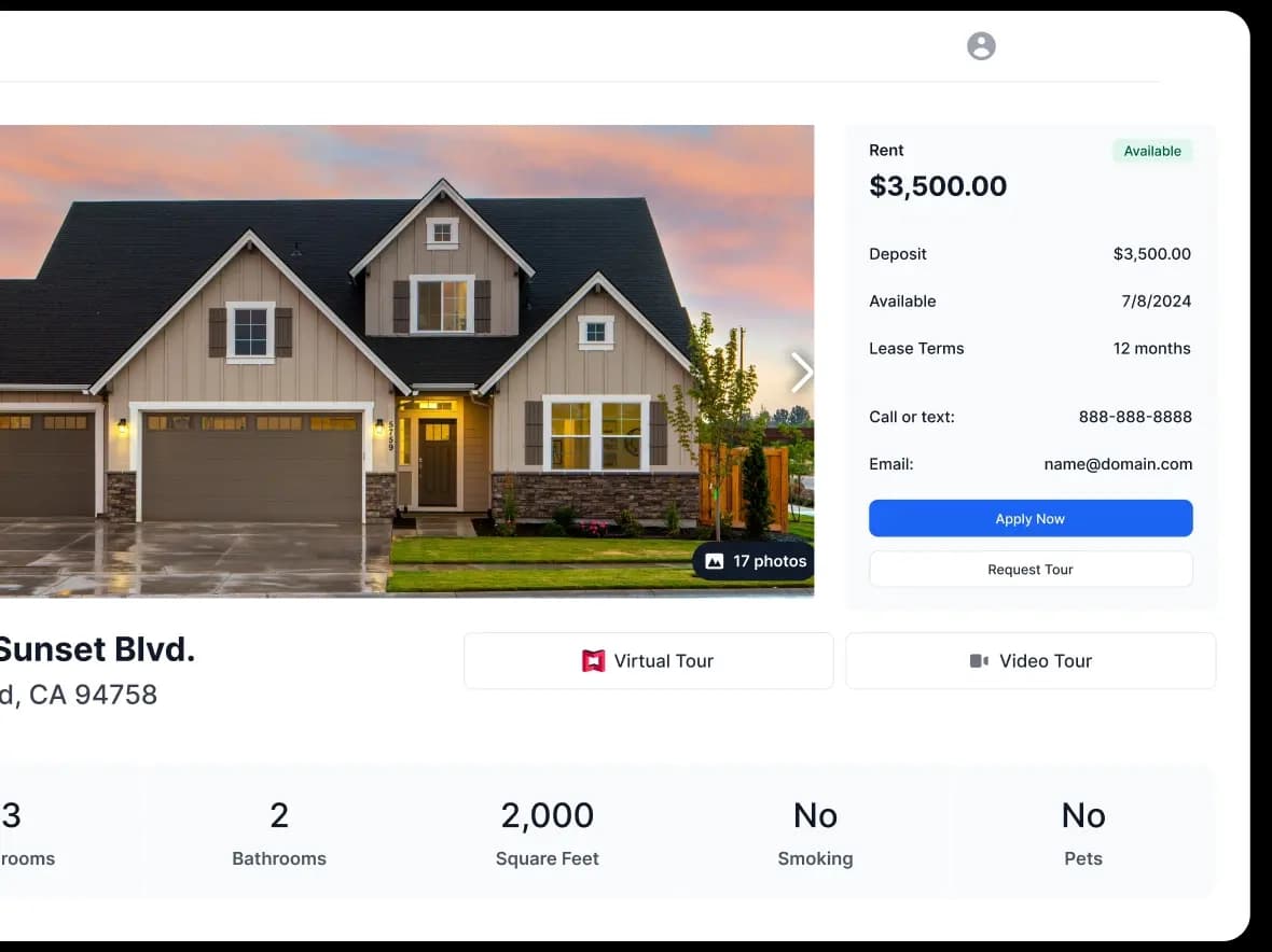 RocketRent property listing page showing a rental home with pricing, availability, and tenant application options