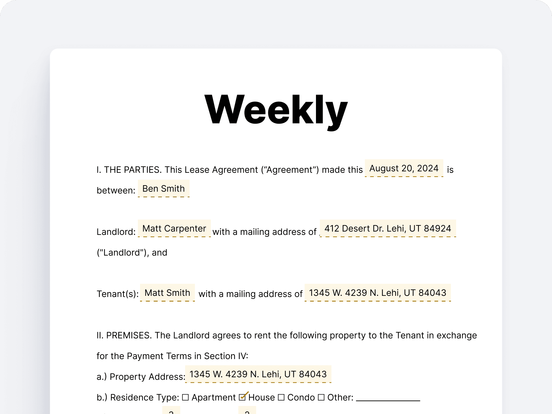 Weekly Lease Agreement