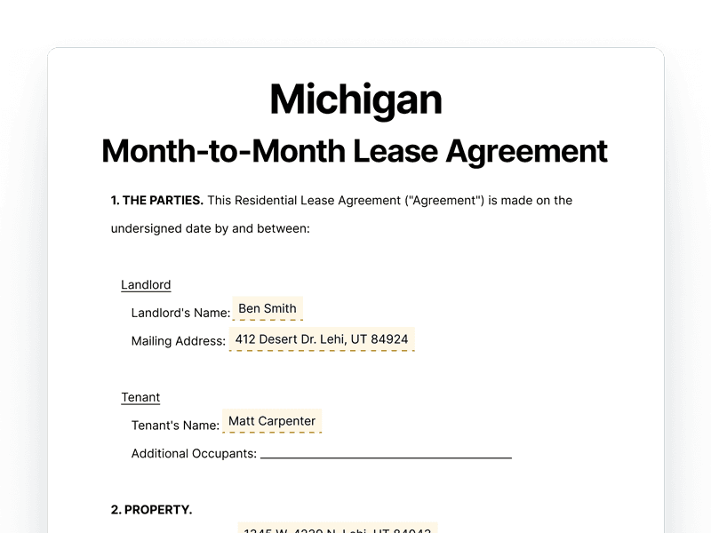 Michigan Month-to-Month Lease Agreement Template Michigan Month-to-Month Lease Agreement
