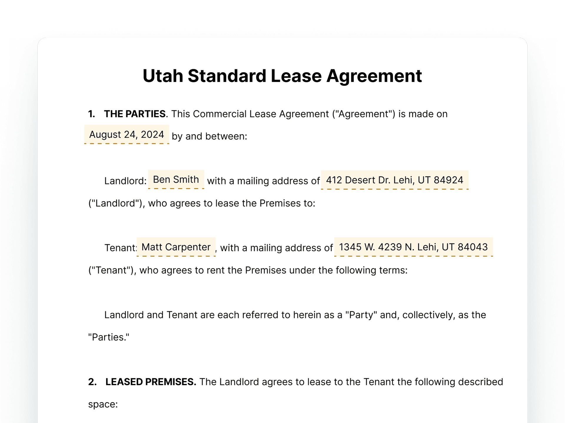 Utah Standard Lease Agreement Template Document Utah Standard Lease Agreement