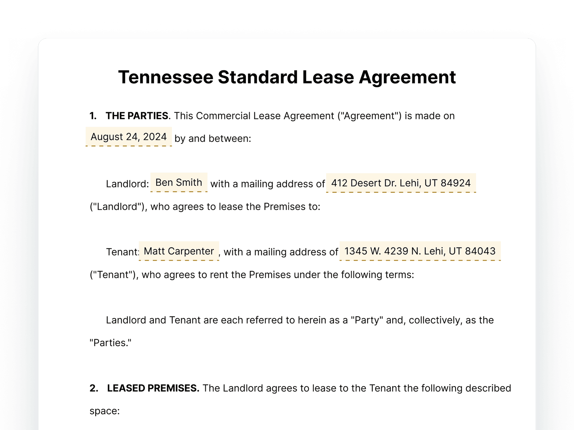 Tennessee Standard Lease Agreement Document Tennessee Standard Lease Agreement