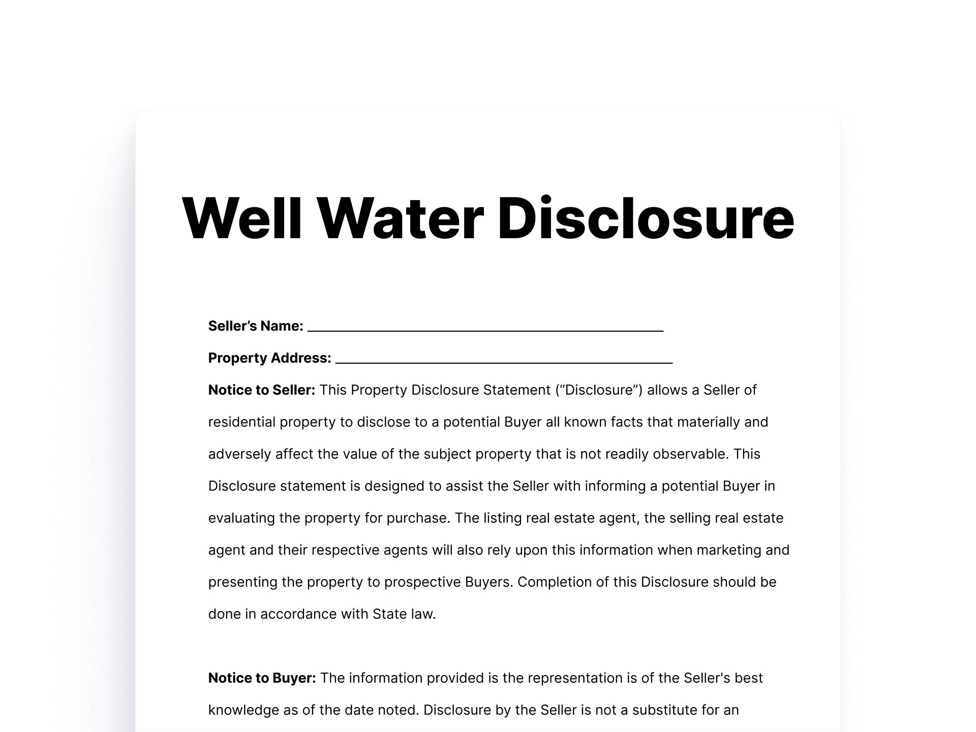 Well Water Disclosure Form for Property Sellers Well Water Disclosure