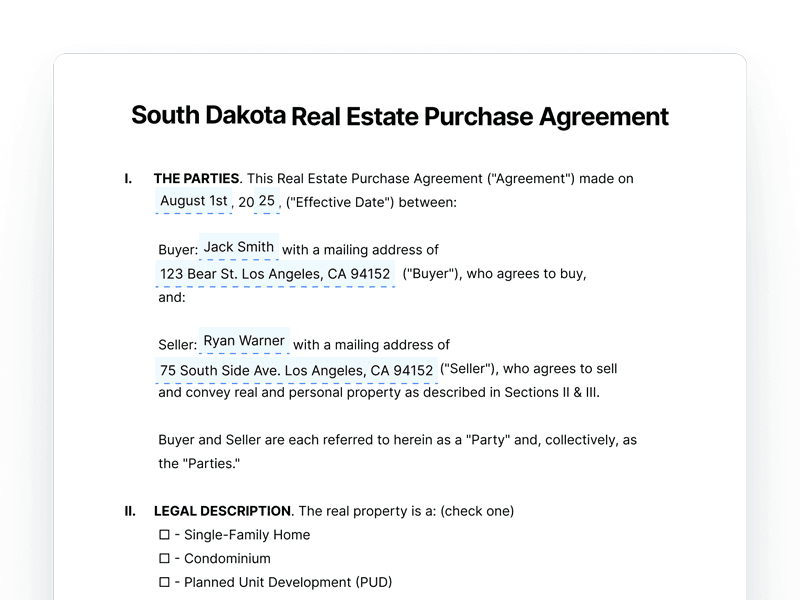 South Dakota Real Estate Purchase Agreement Document South Dakota Real Estate Purchase Agreement