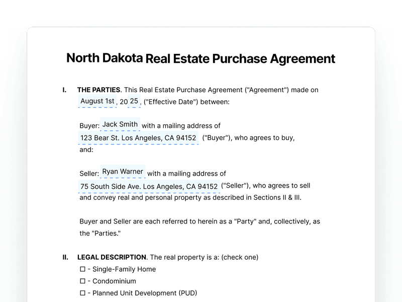 North Dakota Real Estate Purchase Agreement Form North Dakota Real Estate Purchase Agreement