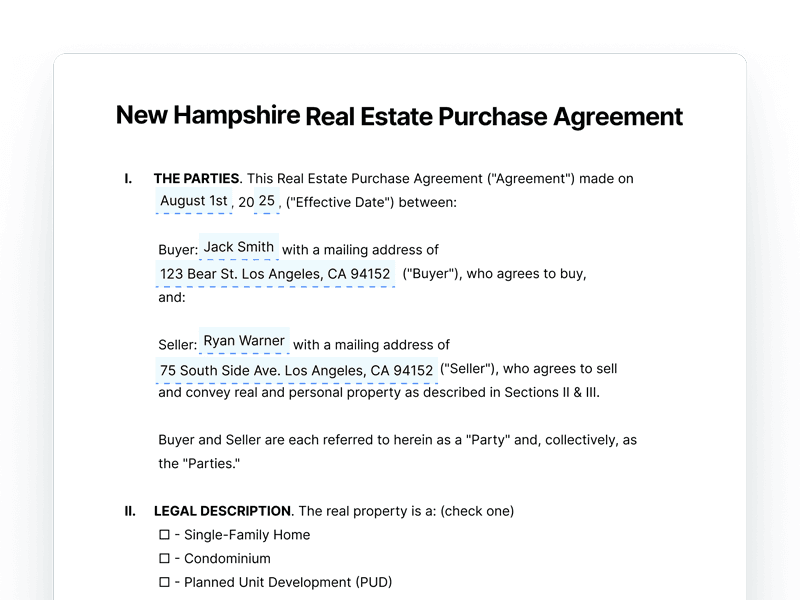 New Hampshire Real Estate Purchase Agreement Form New Hampshire Real Estate Purchase Agreement