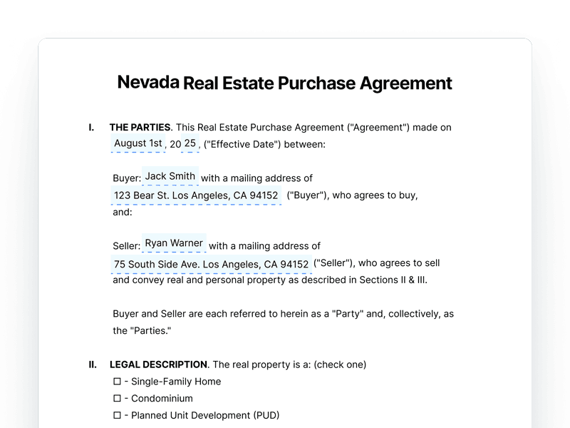 Nevada Real Estate Purchase Agreement Document Nevada Real Estate Purchase Agreement