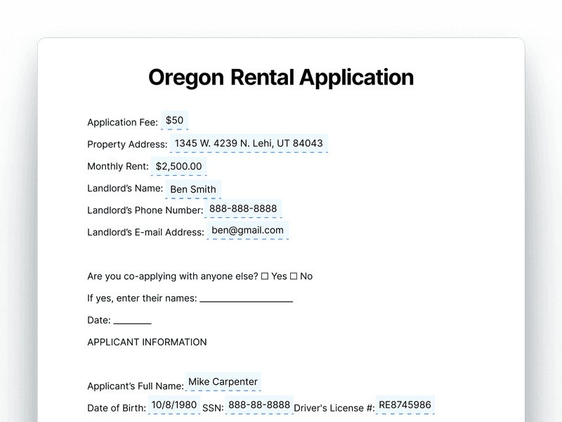 Oregon Rental Application Form for Landlords Oregon Rental Application