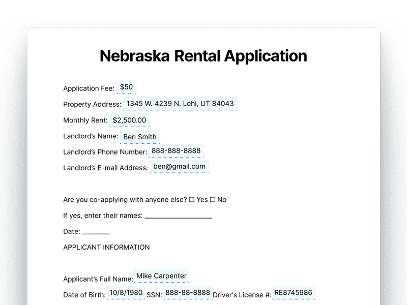 Nebraska Rental Application Form Example Nebraska Rental Application