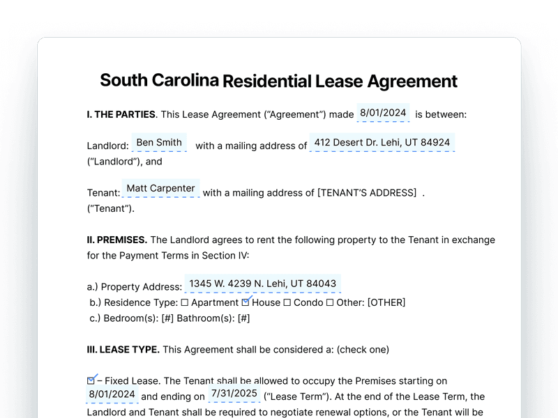 South Carolina Residential Lease Agreement Document South Carolina Residential Lease Agreement