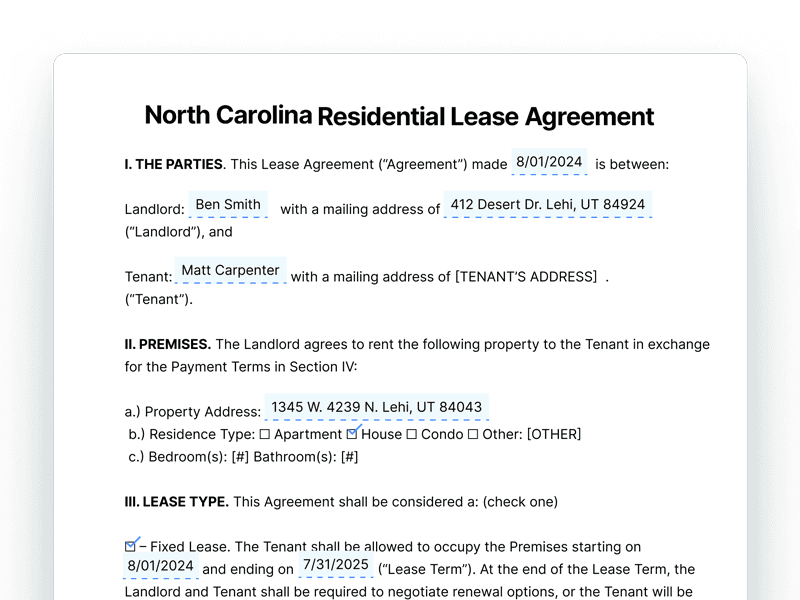 North Carolina Residential Lease Agreement Template North Carolina Residential Lease Agreement