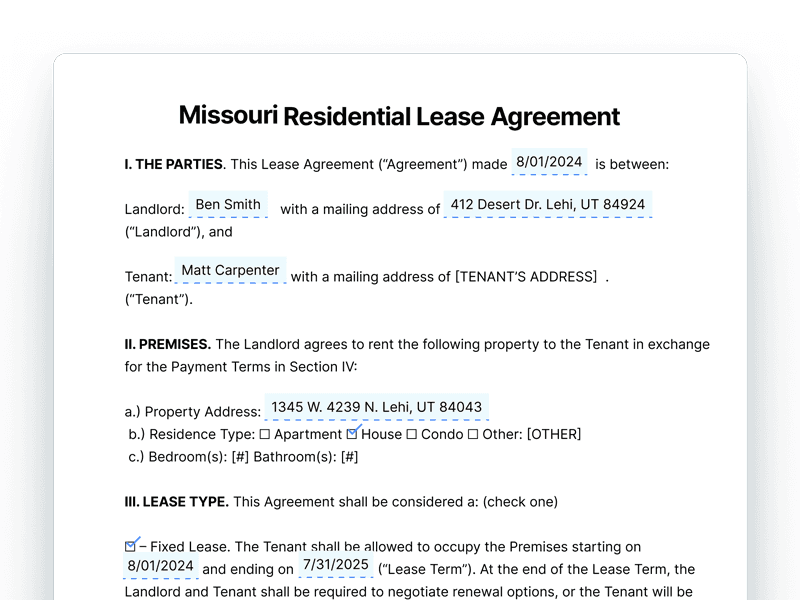 Missouri Residential Lease Agreement Document Missouri Residential Lease Agreement