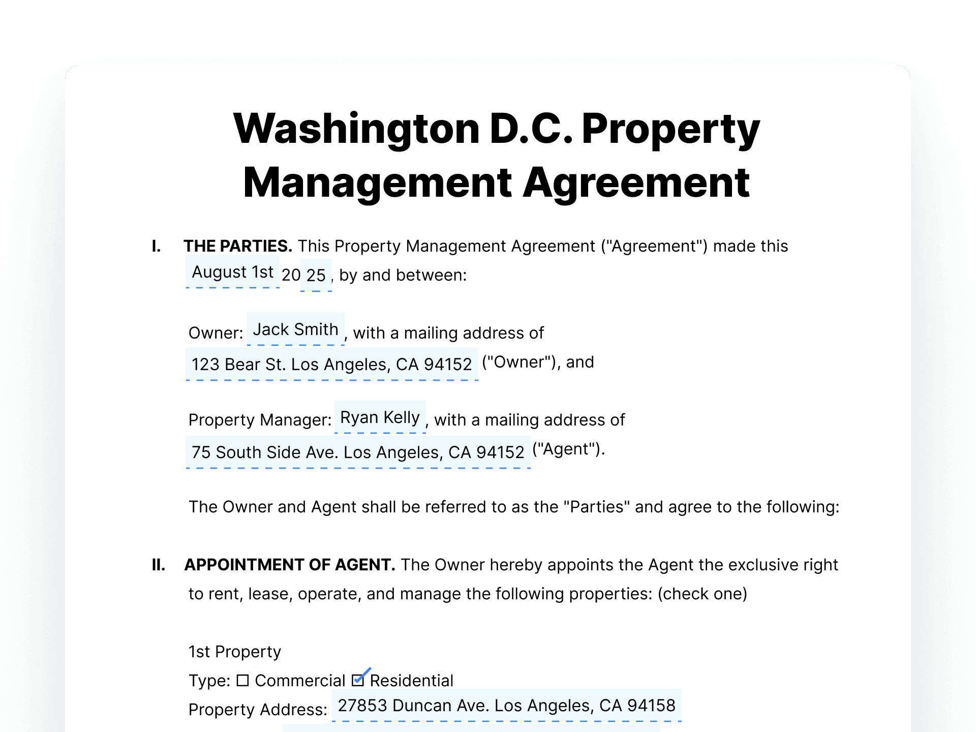 Washington D.C. Property Management Agreement Document Washington D.C. Property Management Agreement
