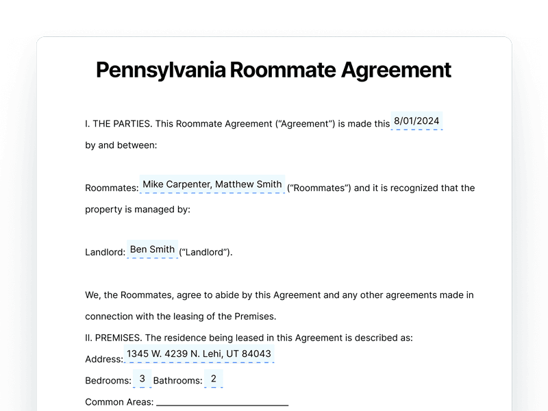 Pennsylvania Roommate Agreement Template Document Pennsylvania Roommate Agreement