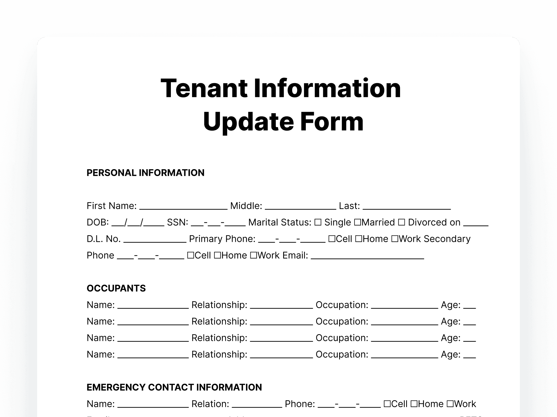 Tenant Information Update Form Template Tenant Information Update Form