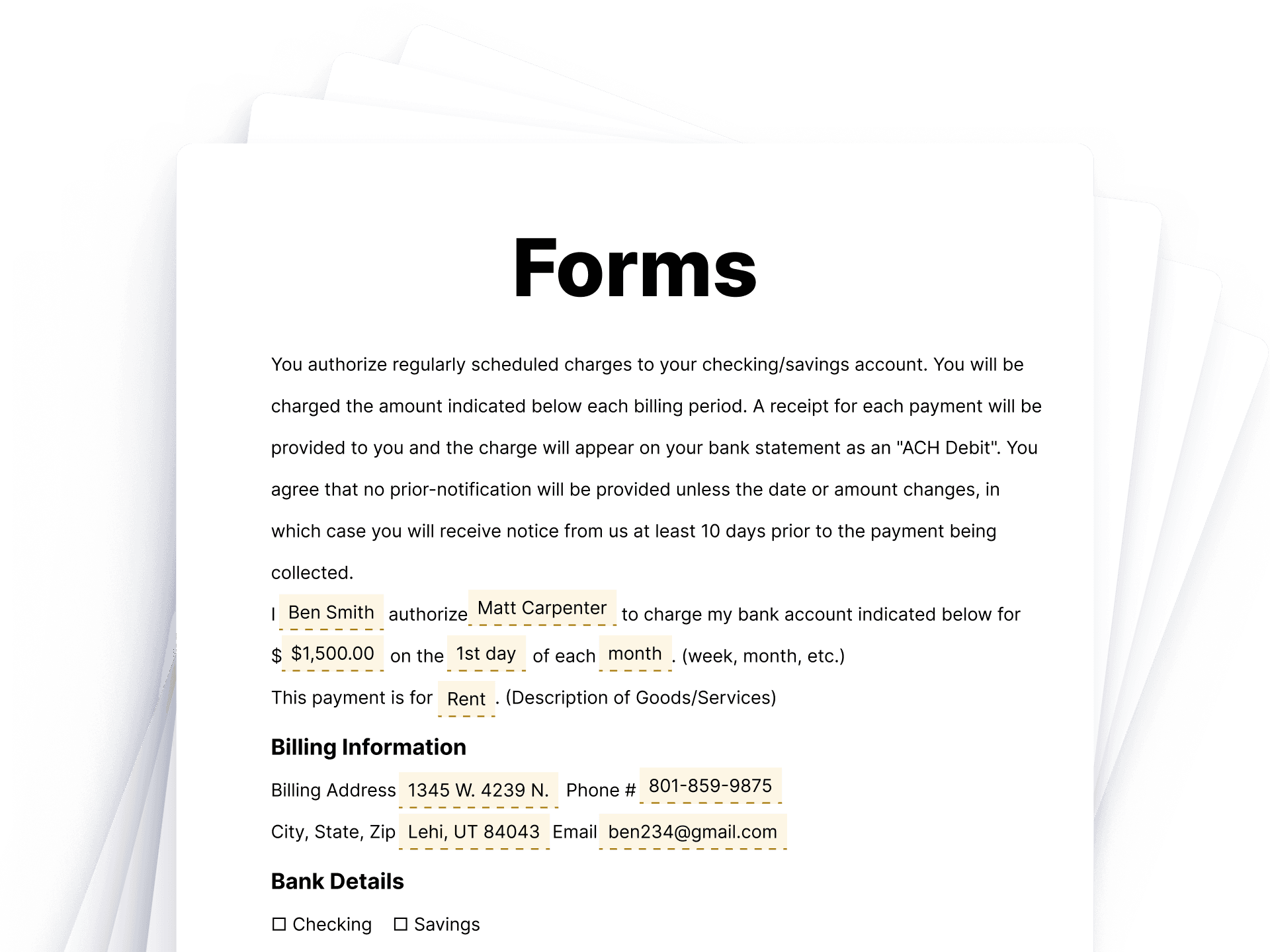 ACH Payment Authorization Form Template Landlord ACH payment authorization form with billing information and bank details fields