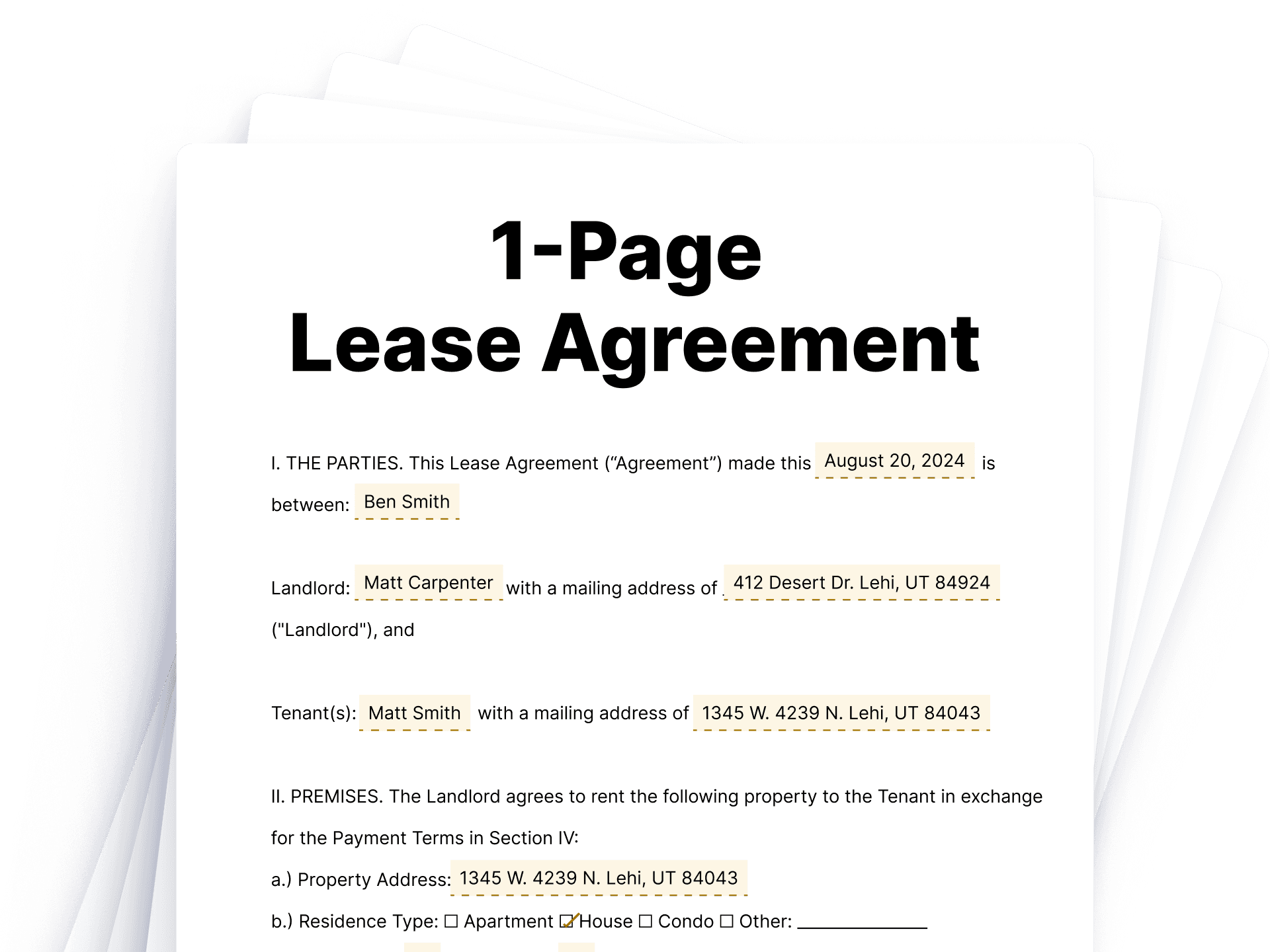 One Page Residential Lease Agreement Template 1 Page Lease Agreement