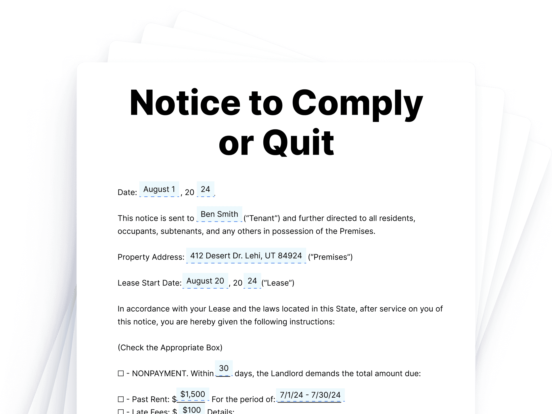 Notice to Comply or Quit Legal Document Notice to Comply or Quit