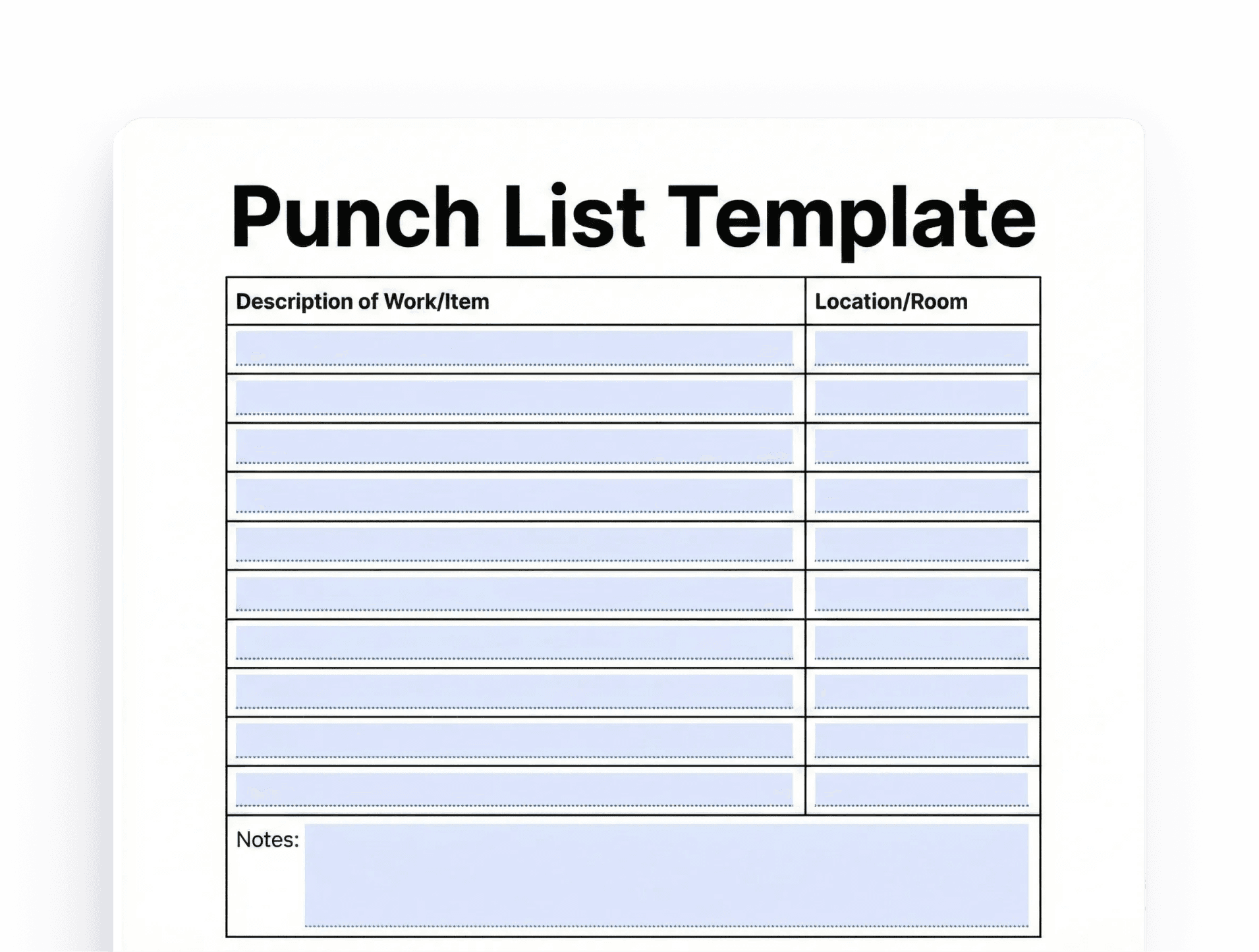 Printable Punch List Template With Location Fields Punch List Template