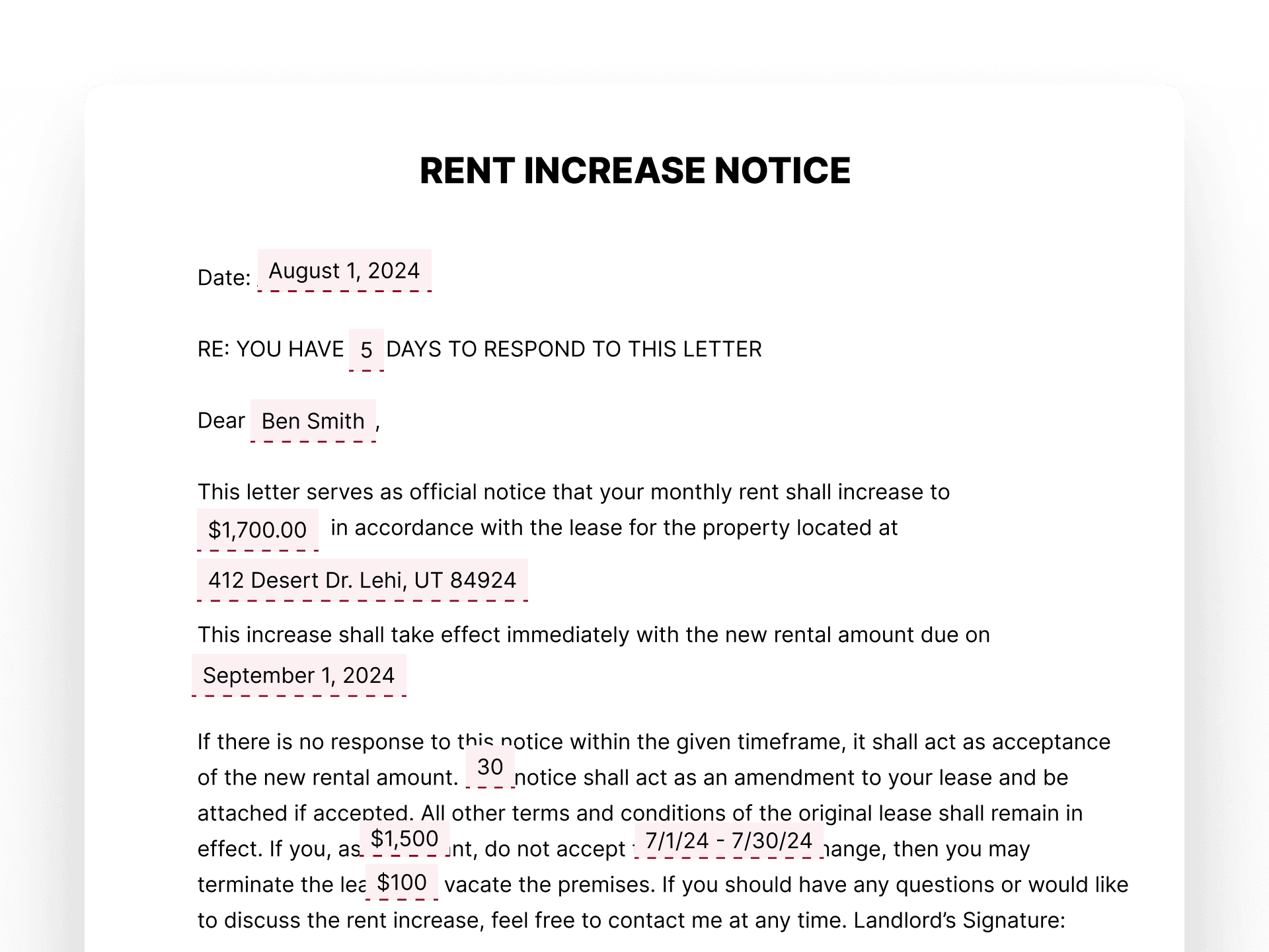 Rent Increase Notice Rent Increase Notice