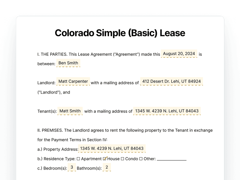 Colorado Simple Basic Lease Agreement Colorado Simple Basic Lease Agreement
