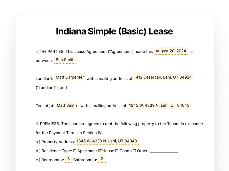Indiana Simple Basic Lease Agreement Indiana Simple Basic Lease Agreement