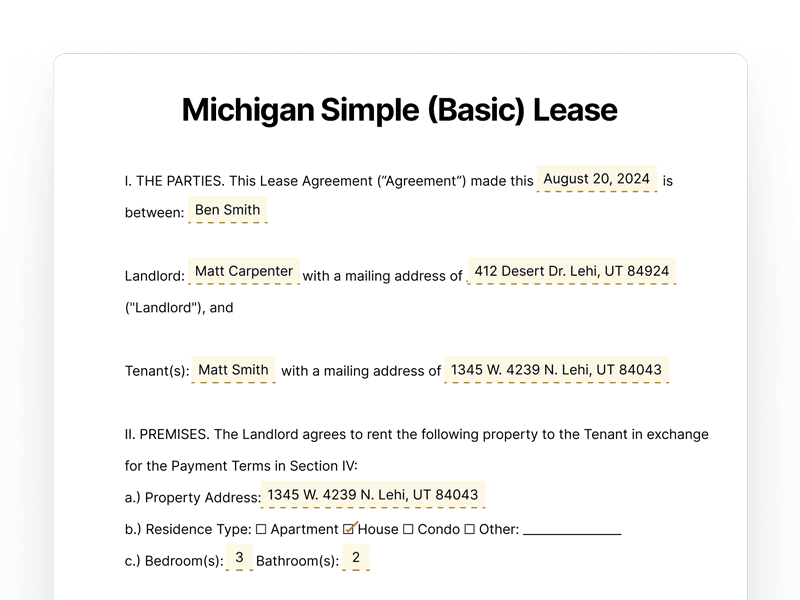 Michigan Simple Basic Lease Agreement Michigan Simple Basic Lease Agreement