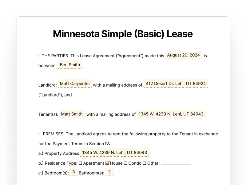Minnesota Simple Basic Lease Agreement Minnesota Simple Basic Lease Agreement